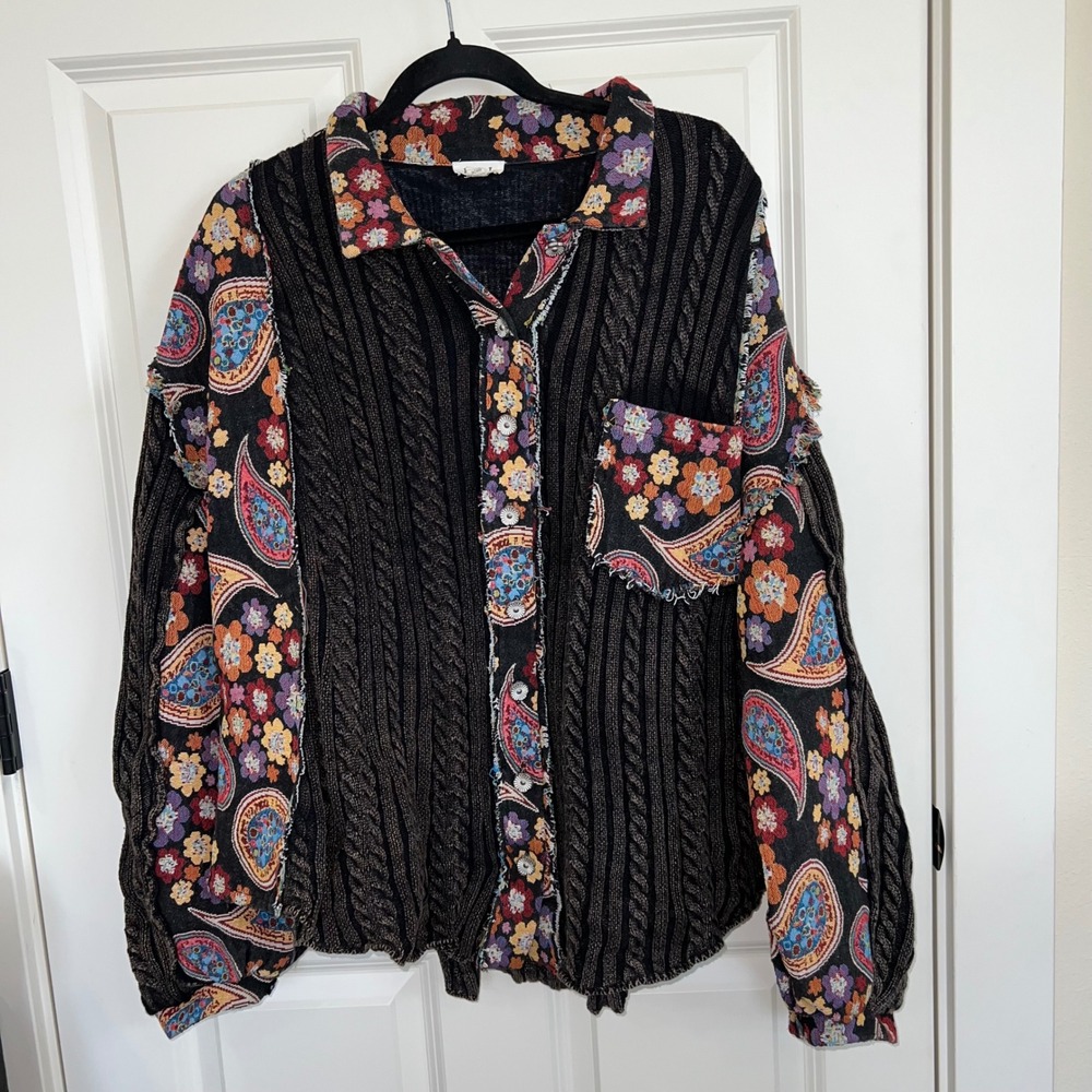 POL Mixed Media Tapestry Cable Knit Oversized Button Down Balloon Sleeve Top S